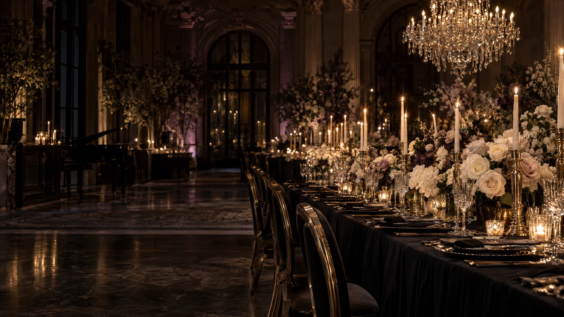 Candlelit luxury reception with golden details and abundant florals
